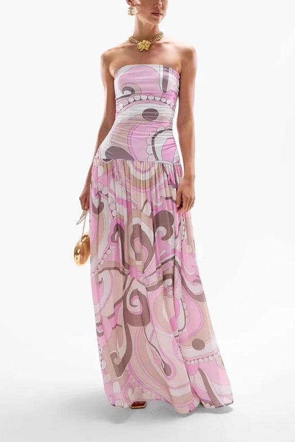 Gorgeous Pastels Unique Print Off Shoulder Low Rise Loose Maxi Dress-consonak