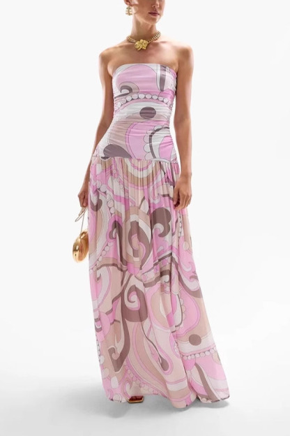 Gorgeous Pastels Unique Print Off Shoulder Low Rise Loose Maxi Dress-consonak