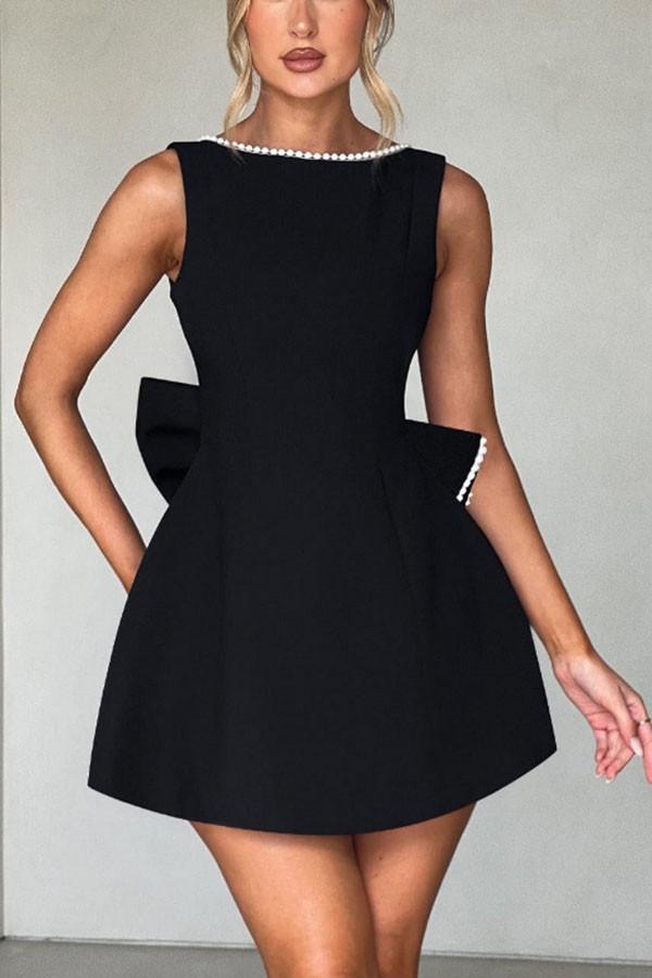 Stylish Pearl-embellished Large Bow Slim-fit Mini Dress-consonak