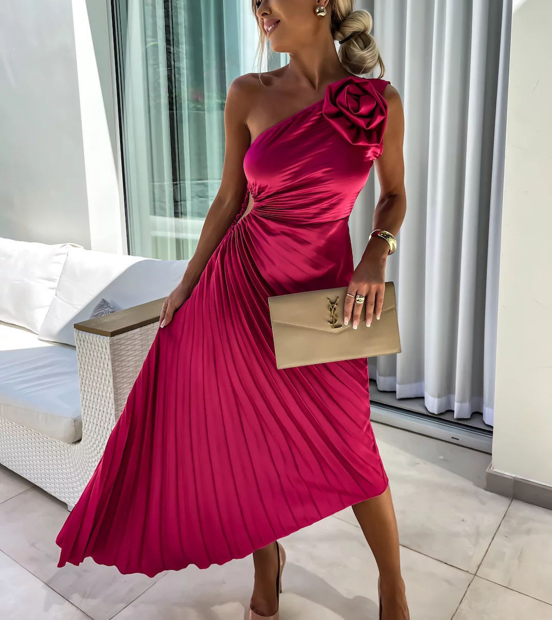 Romantic Nights Satin Raised Flower Elastic Cutout One Shoulder Pleated Maxi Dress-consonak