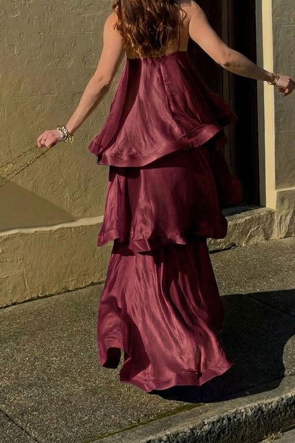 Soft and Smooth Satin Tiered Slip Square Neck A-line Maxi Dress | Consonak