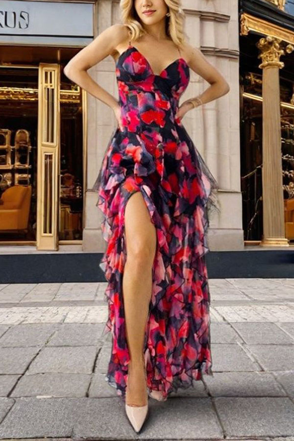 Millie | Floral Ruffle Long Skirt Women's Fashion Chiffon Printed Fairy Style Long Style Evening Dress Coupon-Consonak