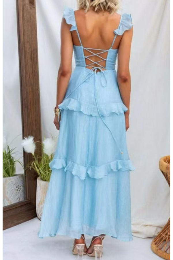 Solid Color Halter Backless Tie Elegant Ruffle Maxi Dress-consonak