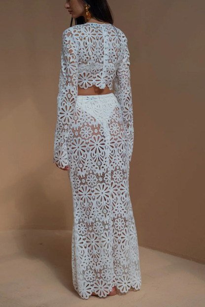 Balmy Summers Crochet Lace Floral Pattern Elastic Waist Fishtail Vacation Maxi Skirt-consonak