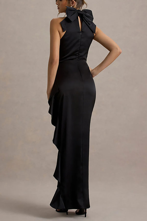 Maureen Satin High Neck Ruched Ruffle Slit Draped Maxi Dress-consonak