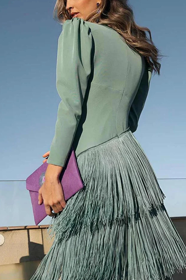 Solid Color V-Neck Long Sleeve Elegant Tassel Maxi Dress-consonak