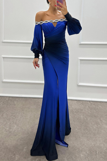 Julieta Gradient Print Boat Neck Off Shoulder Gem Detail Slit Gown Maxi Dress-consonak