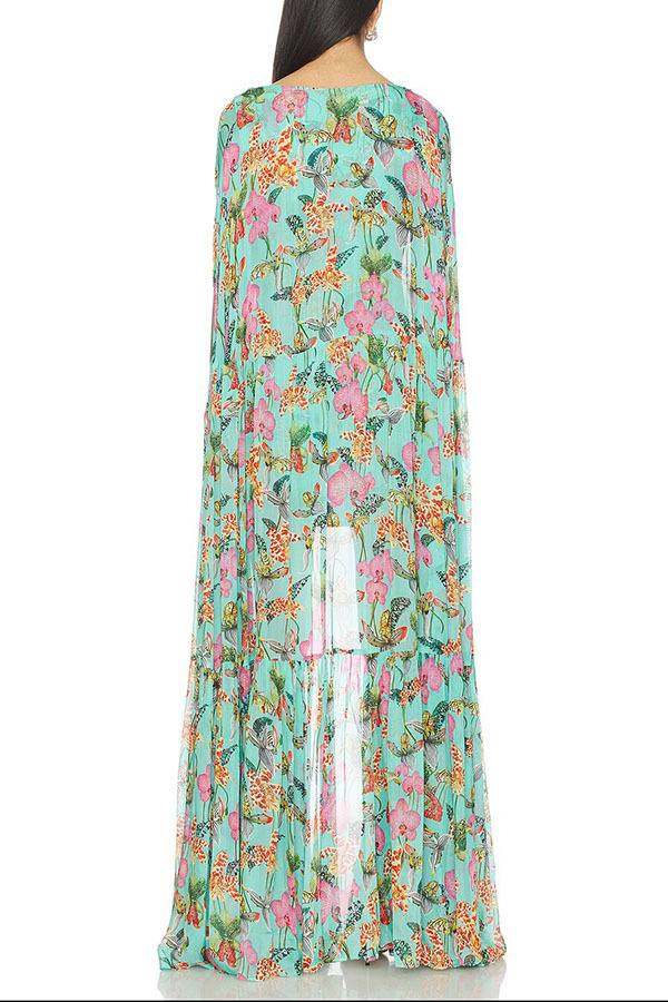 Garden Party Contrast Floral Print High Low Cape Maxi Dress-consonak