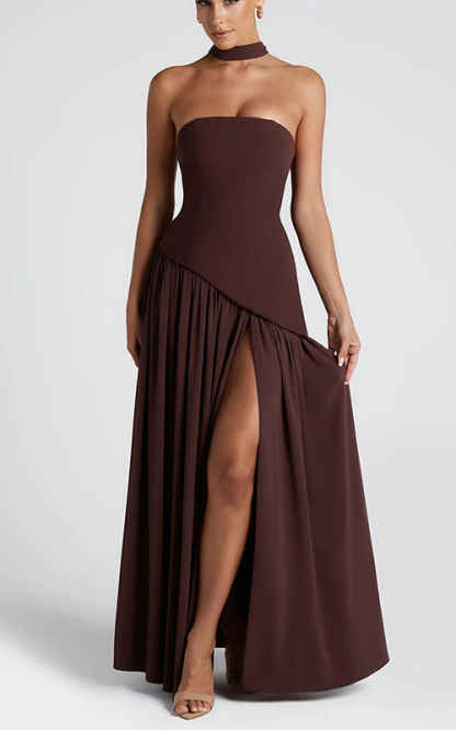 consonak Strapless Back Lace-up High Slit Splice Maxi Dress-consonak