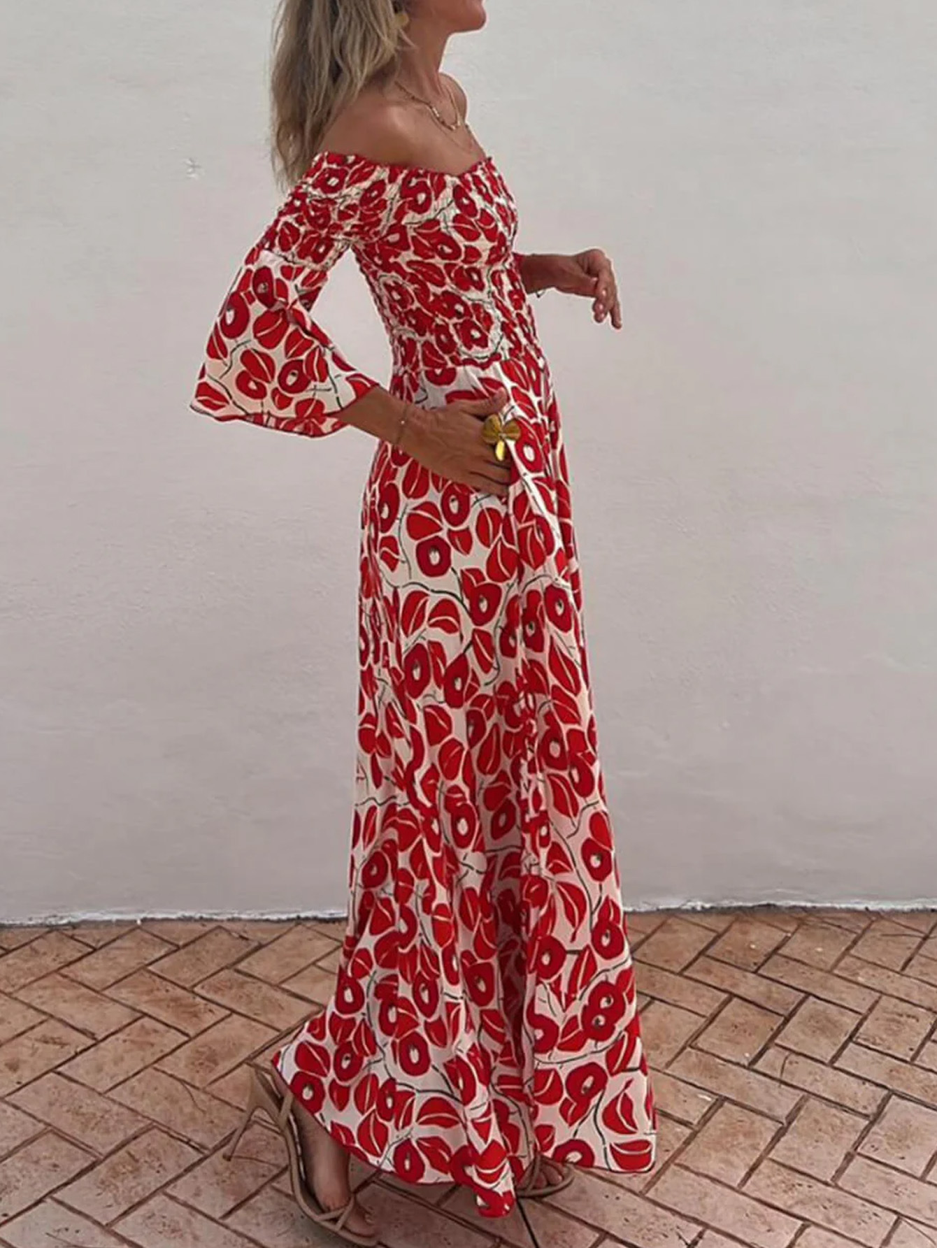 Ladies' Vacation Flower Street Elegant Printed Off Shoulder Waist Pocket Long Dress | Consonak