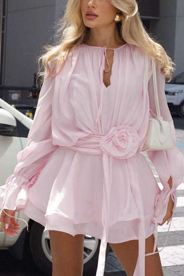 Solid Color Long Sleeve V-Neck Lace-Up Elegant Flower Decorated Mini Dress-consonak