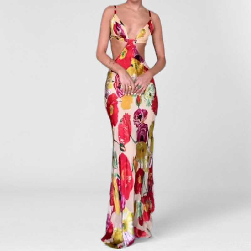 Hawaiian Dreams Satin Floral Print Cutout Backless Maxi Dress-consonak