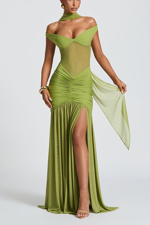 Raise The Level Mesh Off Shoulder Ruched Scarf Stretch Maxi Dress-consonak