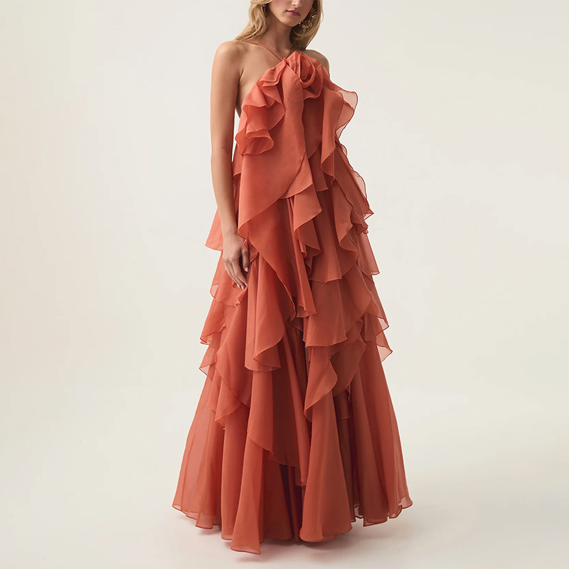 Free - Flowing Rose Detail Tiered Ruffles Halter A-line Maxi Dress-consonak