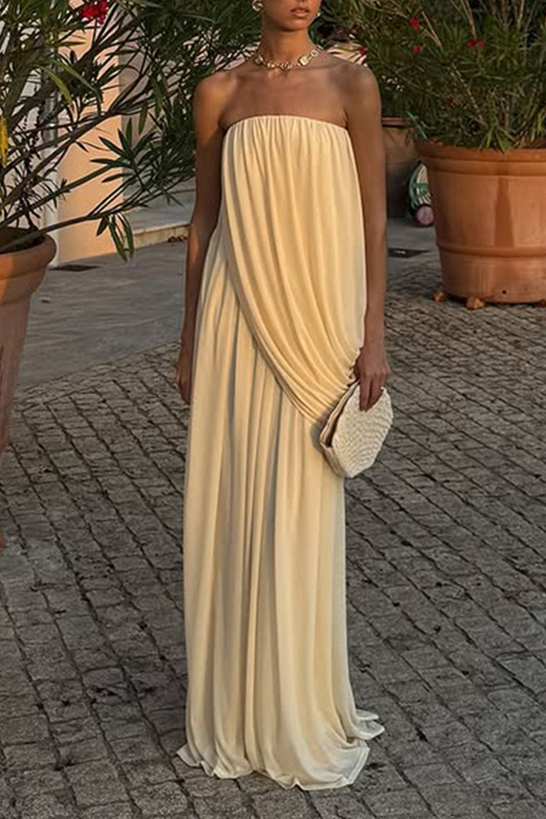 Solid Color Sleeveless Off-shoulder Draped Loose-fitting Holiday Maxi Dress-consonak