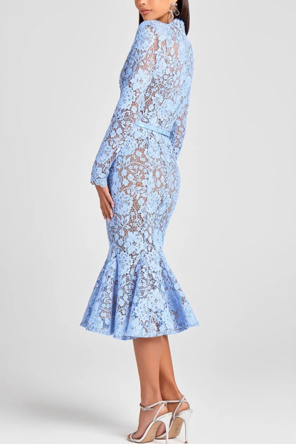 Feminine and Elegant Flower Lace Long Sleeve Bow Belted Flare Midi Dress-consonak