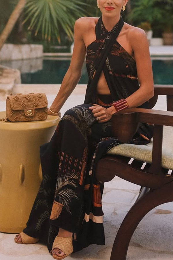 Jungle Elf Unique Print Halter Slit Midi Tank and Elastic Waist Wide Pants Set | Consonak