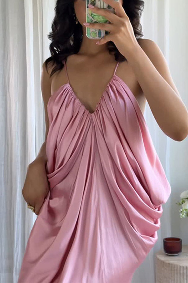 Venus Satin V-neck Draped Pleated Slip Loose Maxi Dress-consonak