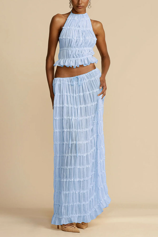 Versatile retro charm pleated drawstring waistline long skirt set | Consonak