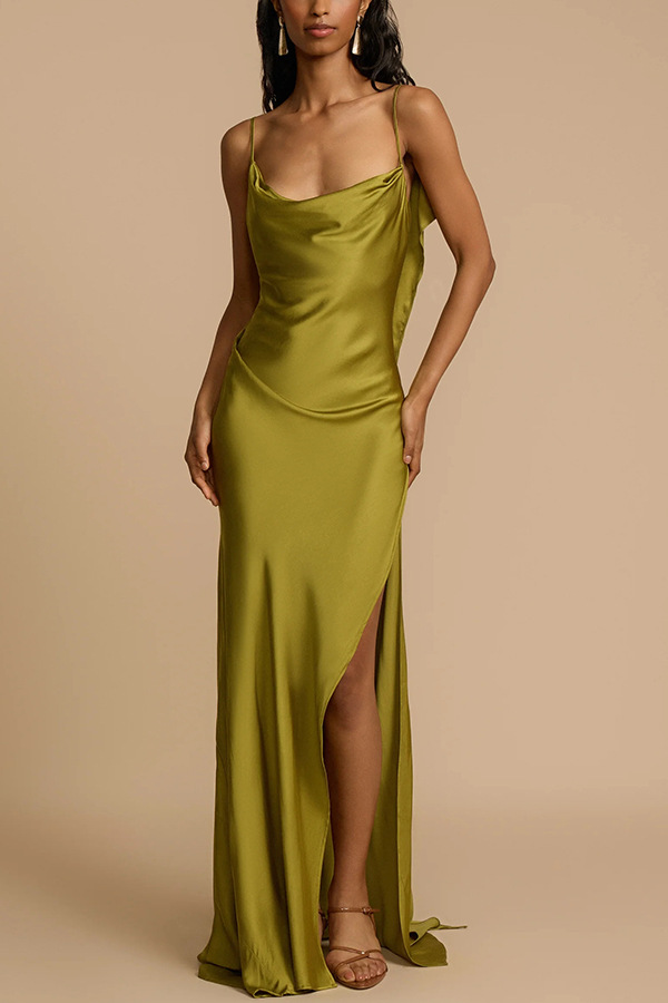 Evening Date Satin Cowl Neck Drape Ruffle Backless Bias Cut Party Maxi Dress | Consonak