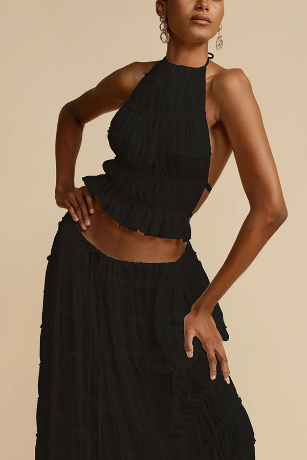 Versatile retro charm pleated drawstring waistline long skirt set | Consonak