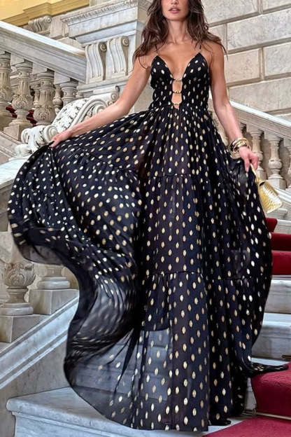 Party Charm polka dot black design chiffon gold polka dot print hollow out lightweight long skirt-consonak