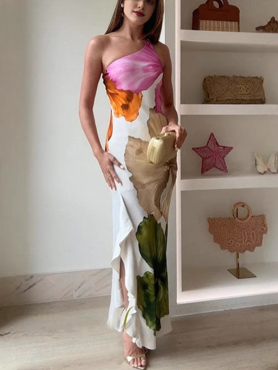 Ladies' Fashion Design Flower Printed Elegant Single Shoulder Side Ruffle Long Dress-consonak