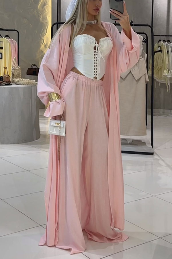 Beach Cottage Open Front Long Pleated Lantern Sleeve Long Cover-up Jacket-consonak