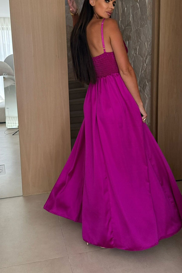 Solid Color Suspender Back Pleated Elegant Slit Full Hem Maxi Dress-consonak