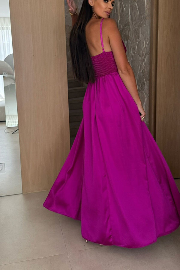 Solid Color Suspender Back Pleated Elegant Slit Full Hem Maxi Dress-consonak