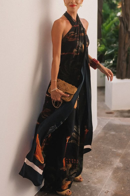 Jungle Elf Unique Print Halter Slit Midi Tank and Elastic Waist Wide Pants Set-consonak