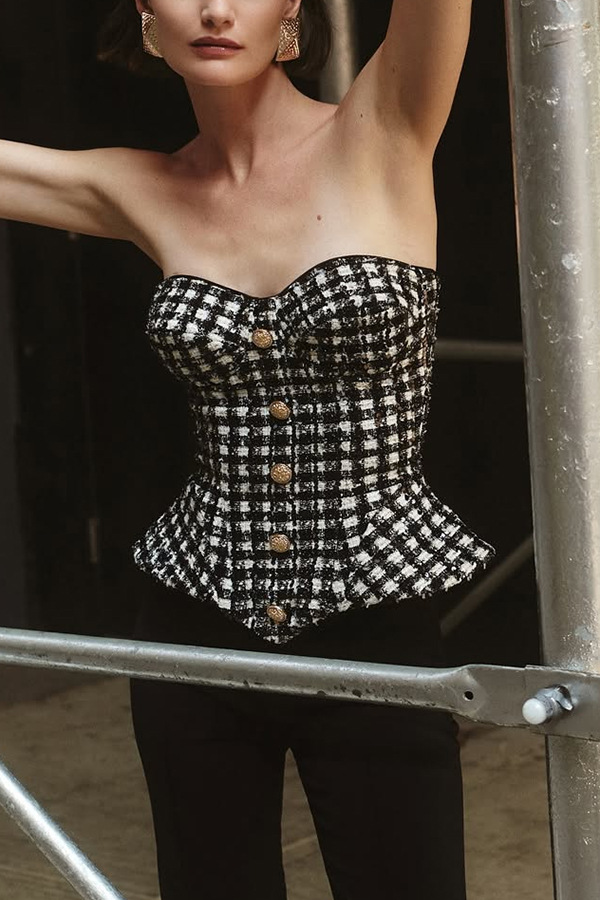 Maya Check Bouclé-tweed Fabric Sweetheart Neck Gold Button Strapless Tank-consonak