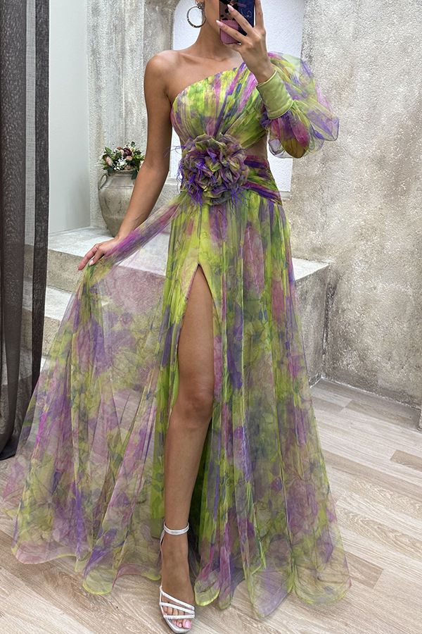 Elegant and beautiful chiffon floral pleated single shoulder sleeve slit long skirt for family-Consonak