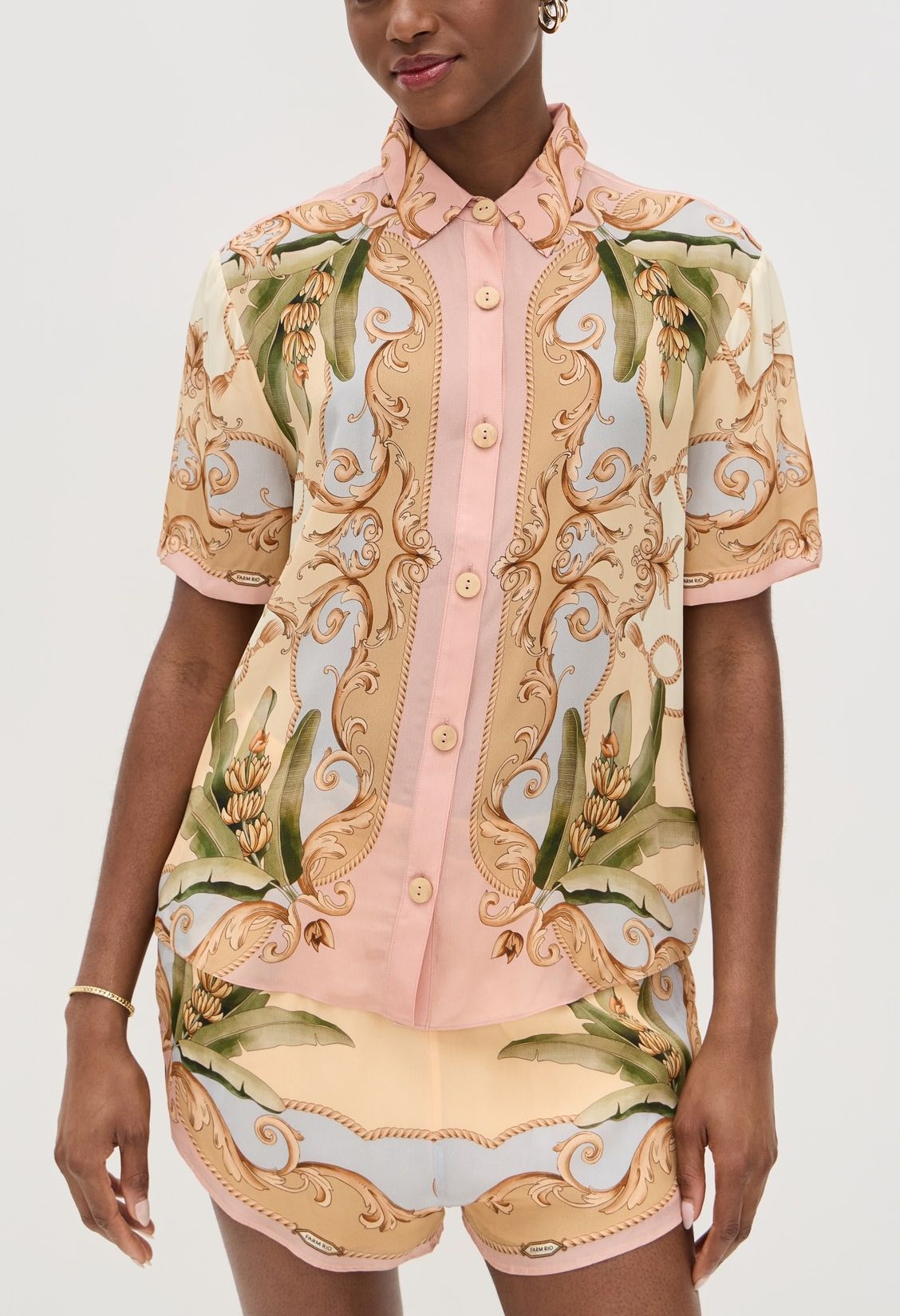 Royalty Unique Print Button Up Short Sleeve Shirt and Elastic Waist Pocketed Loose Shorts Set-consonak