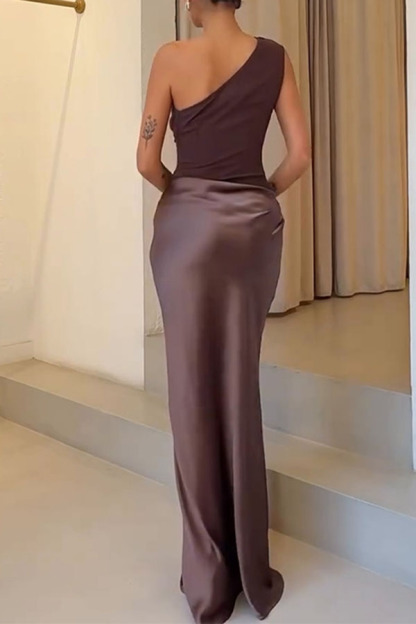 Kaia Satin Contrast Fabric Patchwork One Shoulder Ruched Maxi Dress-consonak