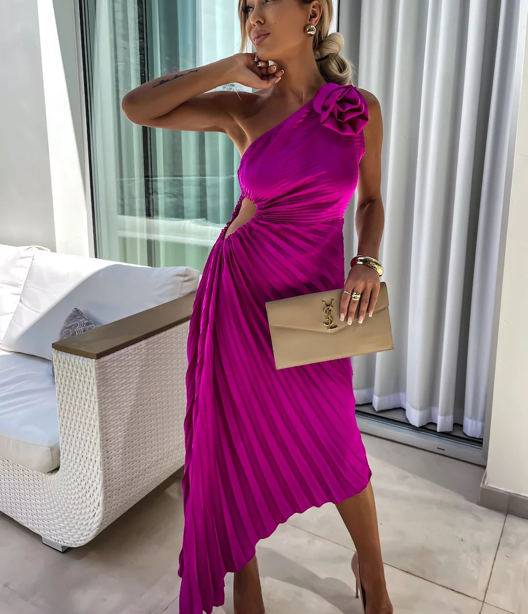 Romantic Nights Satin Raised Flower Elastic Cutout One Shoulder Pleated Maxi Dress-consonak