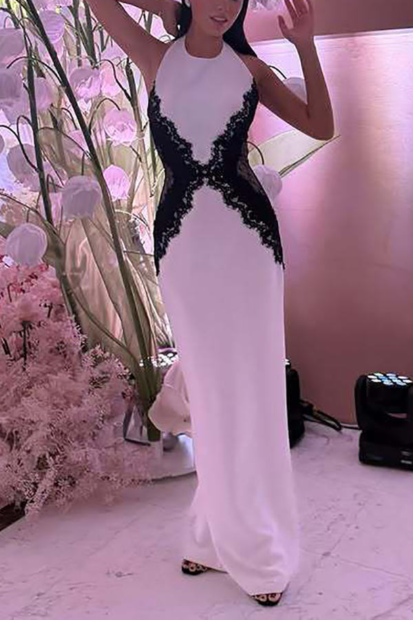 Sexy Halterneck Lace Paneled Backless Slim Maxi Dress-consonak