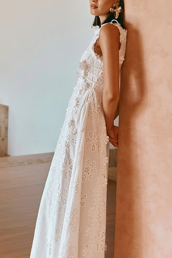 Mairi Embroidery Hollow Fabric Delicate Flower Trim Side Lace-up Maxi Dress | Consonak