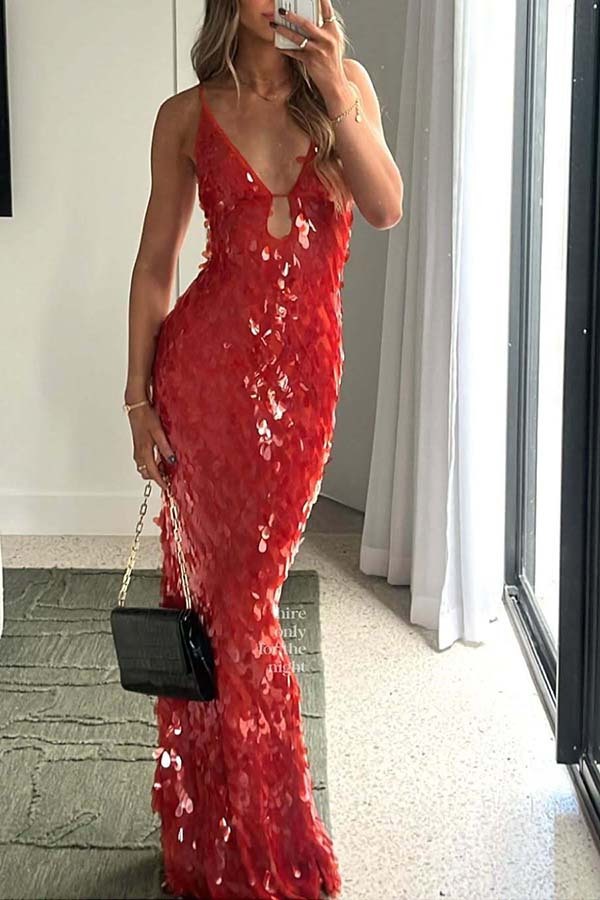 Reshape Beauty Fish Scale Sequin Cutout U-neck Slip Maxi Dress