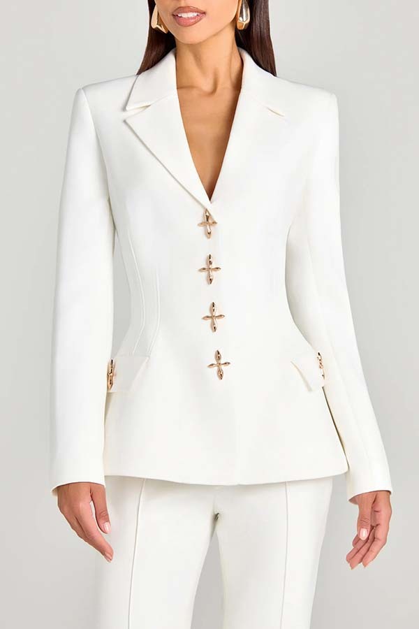 Women Power Metal Cross Snap Button Long Sleeve Lapel Blazer-consonak