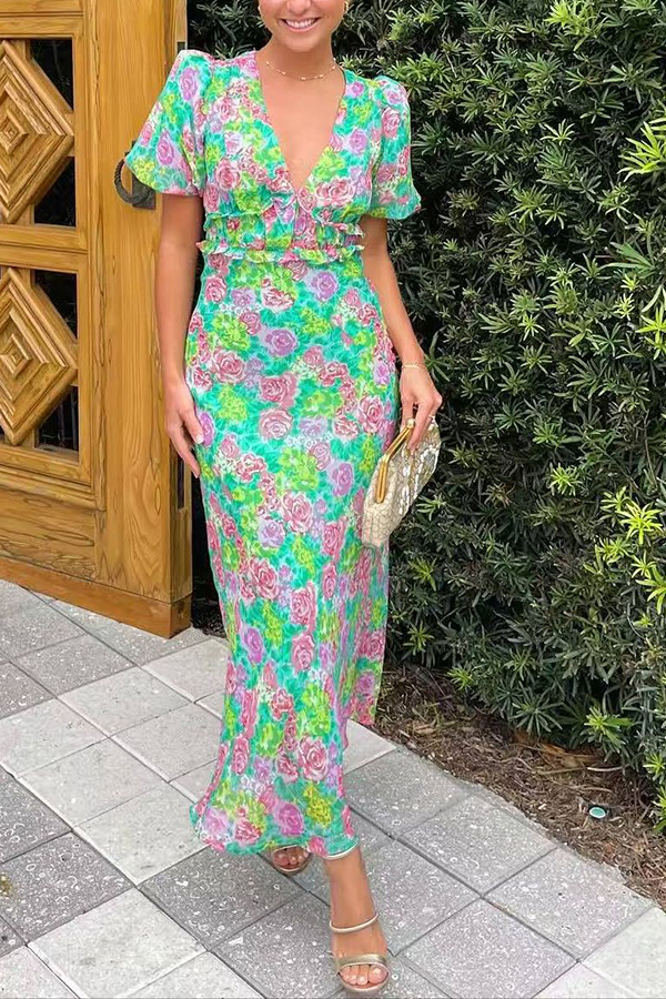 Floral Print V-neck Puff Sleeve Open-back Maxi Dress-consonak