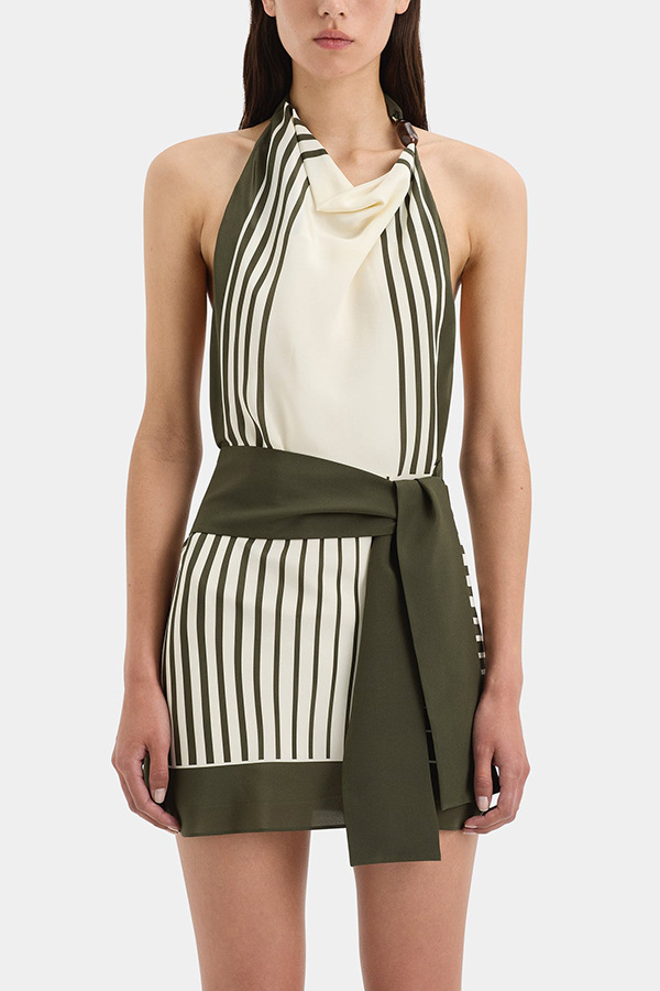 Summer Event⁠ Striped Beads Cowl Neck Backless Tie-up Mini Dress-consonak