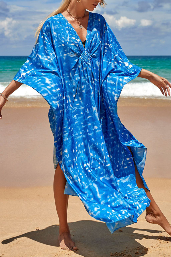 Simple Unique Printed Pleated Front Slit Cover Up-consonak