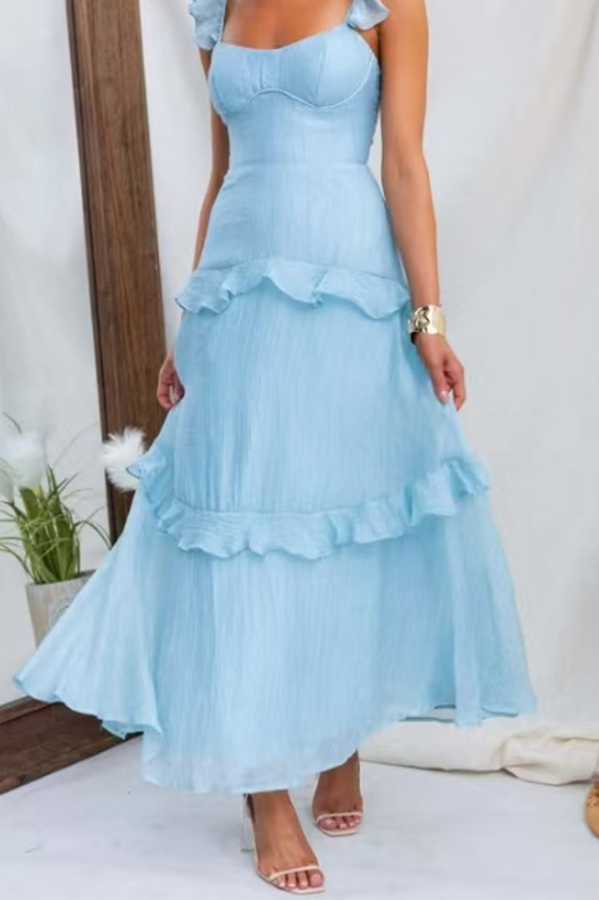 Solid Color Halter Backless Tie Elegant Ruffle Maxi Dress-consonak