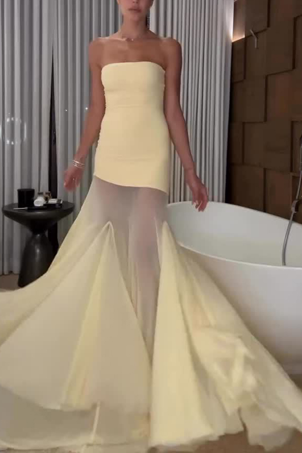 Solid Color Sleeveless Off-shoulder Mesh-paneled Fitted Maxi Dress-consonak