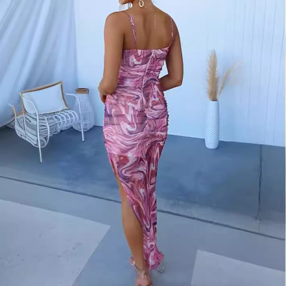 Spring and summer new sling fishtail print dress INS casual backless zipper holiday party women's dress-consonak
