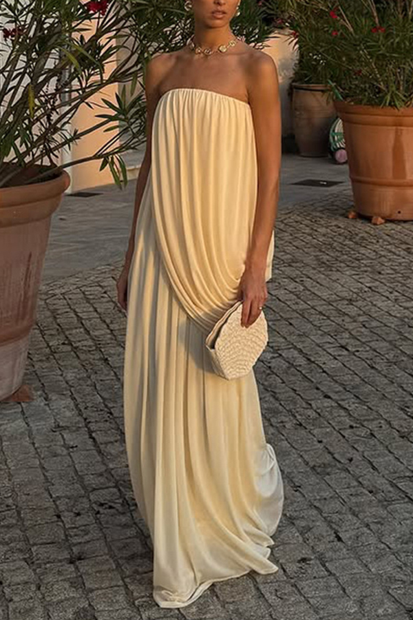 Solid Color Sleeveless Off-shoulder Draped Loose-fitting Holiday Maxi Dress-consonak