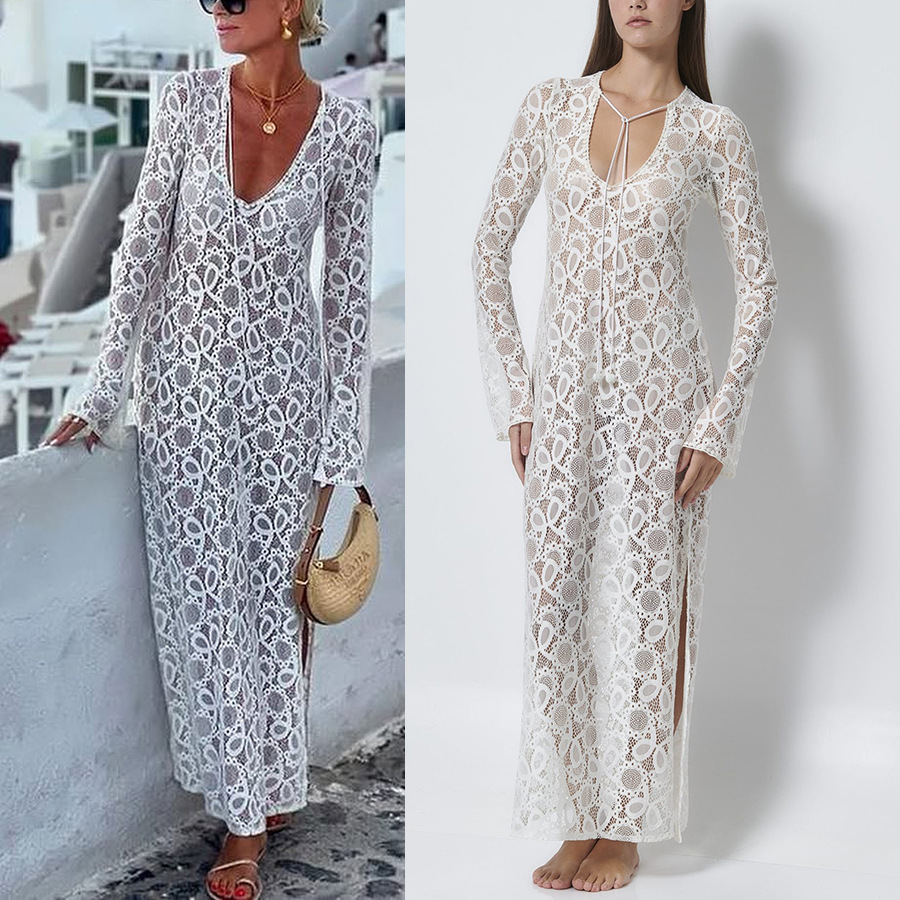 Women's Lace Lace White Lucky Flower Dress Long, Long Sleeve Sheer Tie INS Loose Holiday Split Dresses-consonak