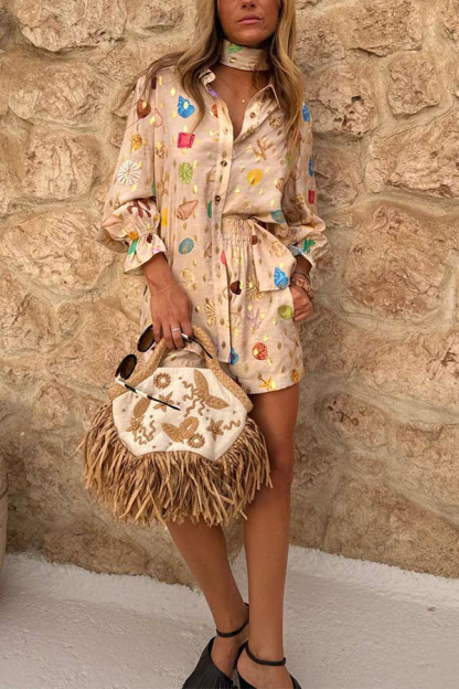 Fashionable Gold Stamping Unique Printing Lapel Long Sleeve Shirt and Elastic Waist Casual Pocket Shorts Set-consonak