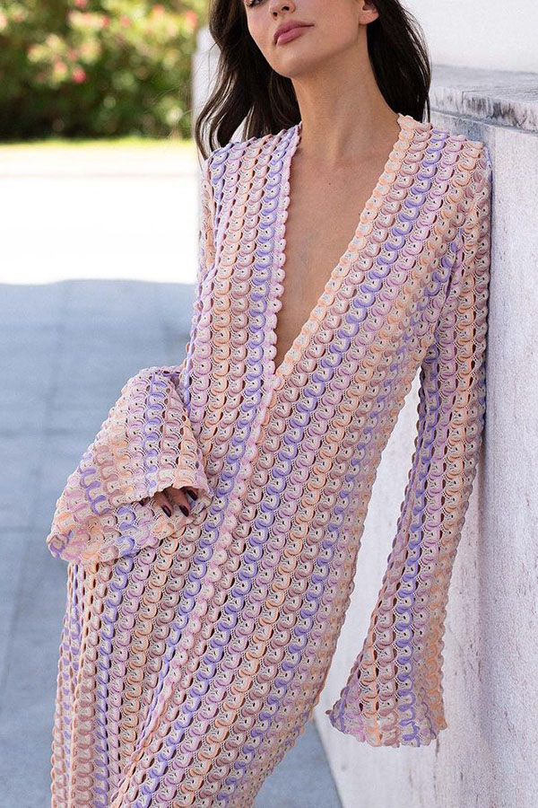 Eleanor Knit Colorful Wave Unique Print Shirt U-neck Long Sleeve Slit Maxi Dress-consonak